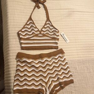 No Boundaries Brown and White Wavy Knit Pajama Set